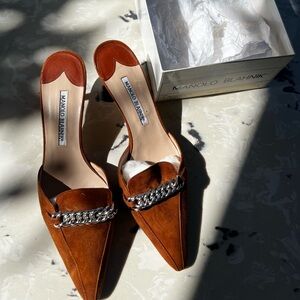 Manolo Blahnik Tan Suede Chain Mules